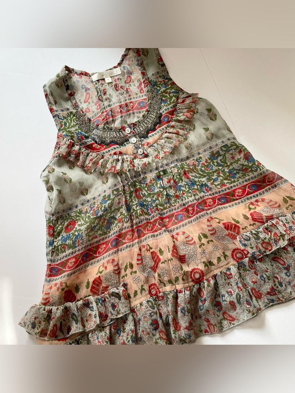 Boho Semi-Sheer Flowy Beaded Sleeveless Blouse size M